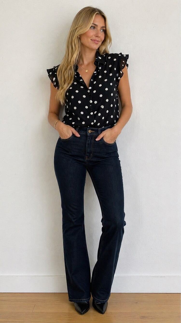 NEW YORK & CO Black White Polka Dot Ruffle Sleeveless Button Top Blouse sz L